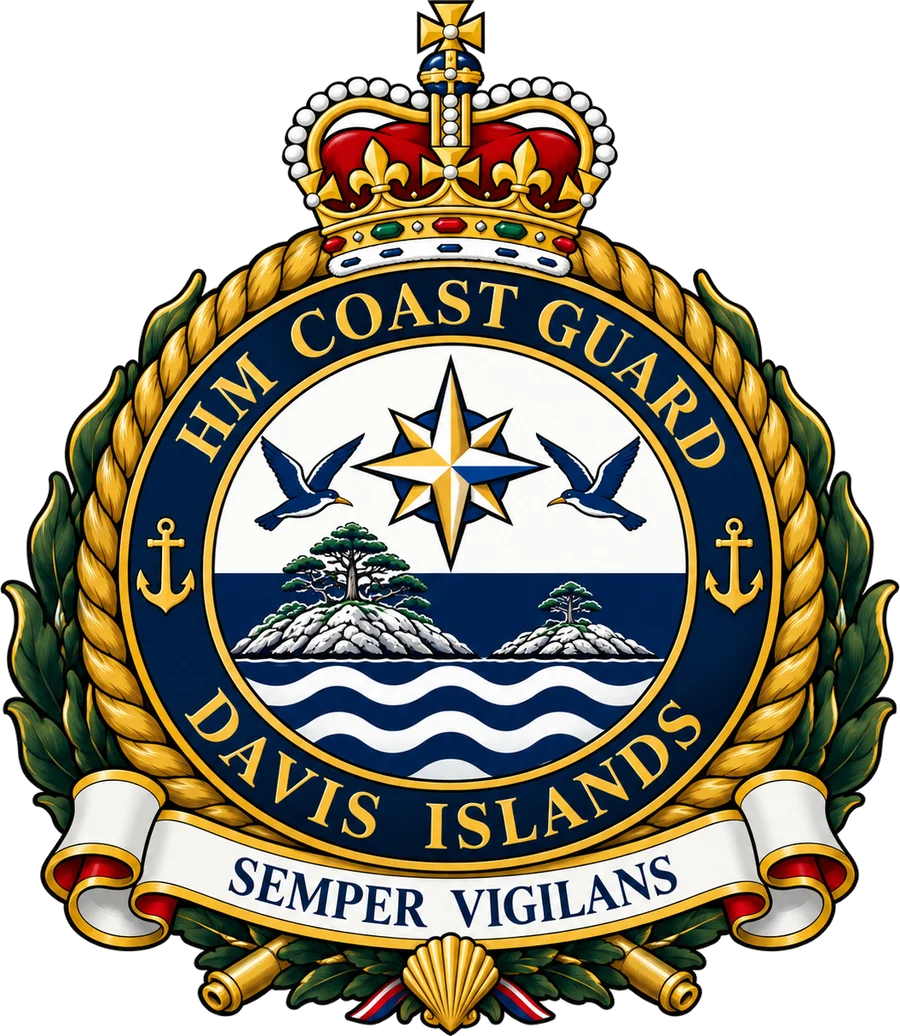 Insignia of HM Coast Guard — Davis Islands: a crowned roundel bordered in rope and laurel, showing a compass rose, two seabirds and the two islands above waves, with the motto Semper Vigilans