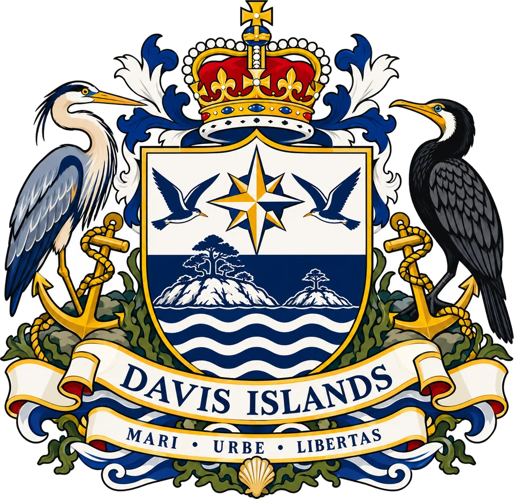 The coat of arms of the Davis Islands: a crowned shield with a compass rose, two seabirds, two wooded islands and waves, supported by a great blue heron and a cormorant, above the motto Mari Urbe Libertas