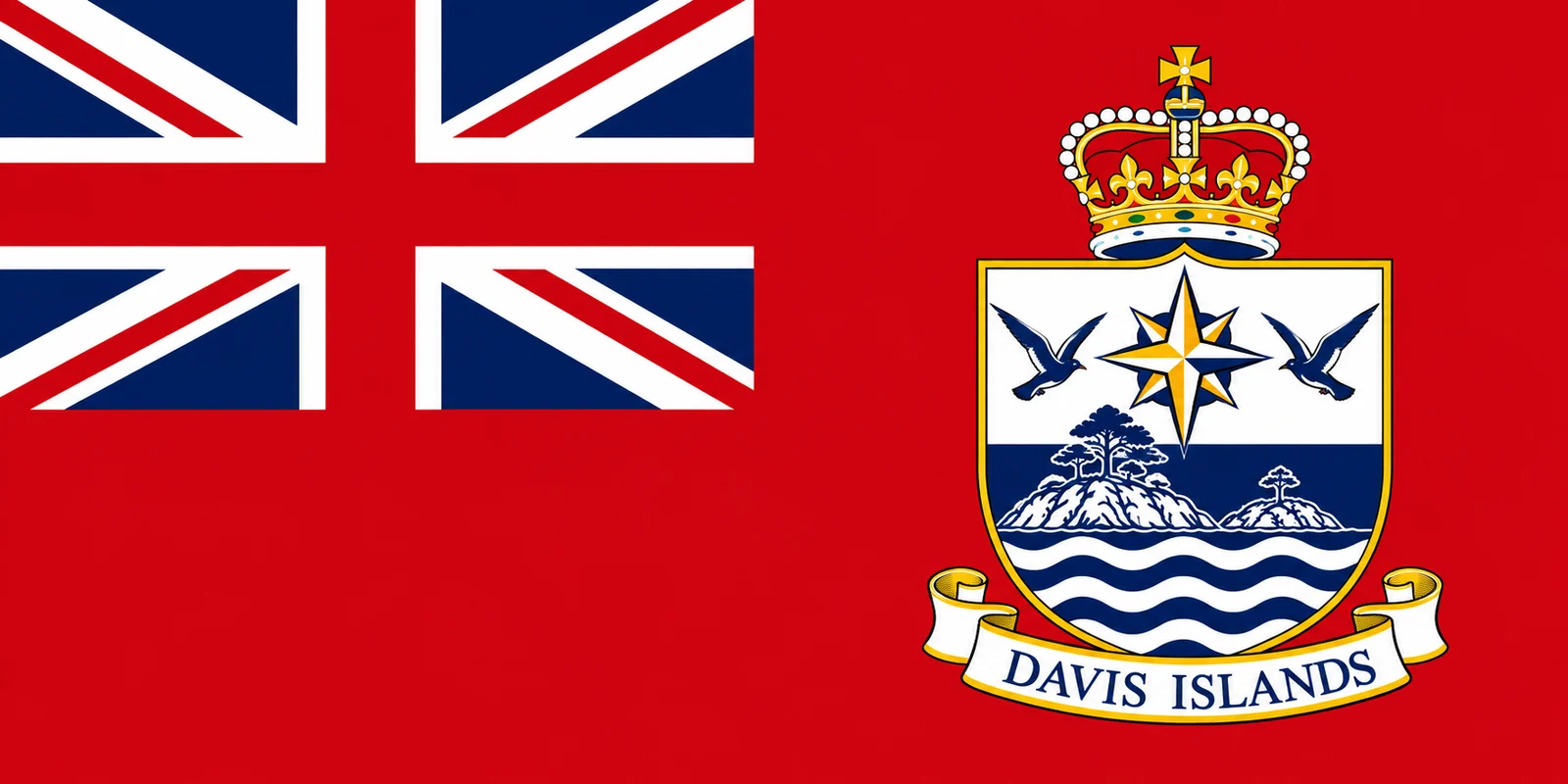 The Davis Islands Red Ensign: a red field with the Union Flag in the canton and the crowned Davis Islands shield in the fly
