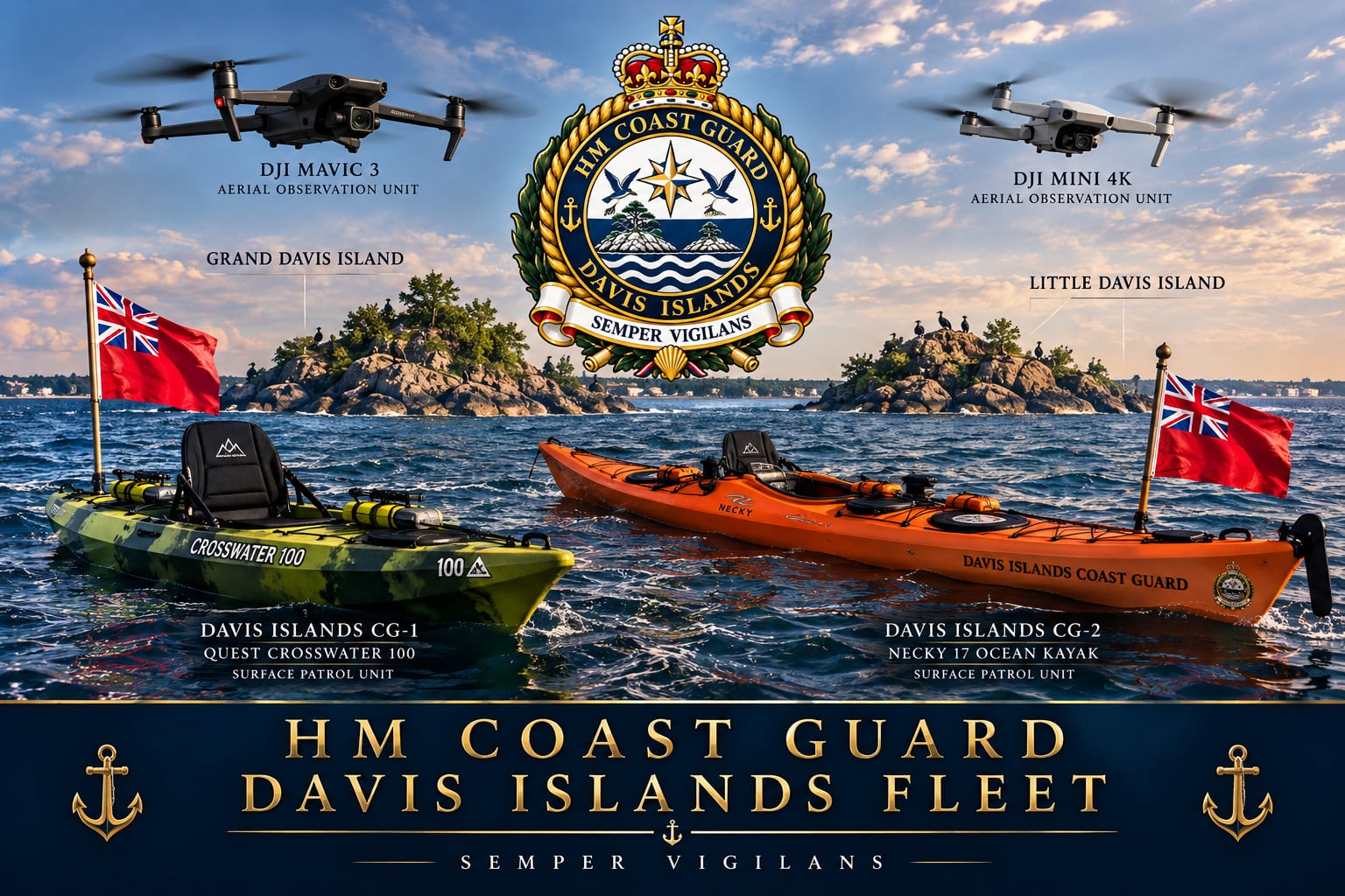 HM Coast Guard Davis Islands Fleet poster: kayaks CG-1 and CG-2 flying the Red Ensign in front of Grand and Little Davis Island, with two drones overhead and the Coast Guard insignia