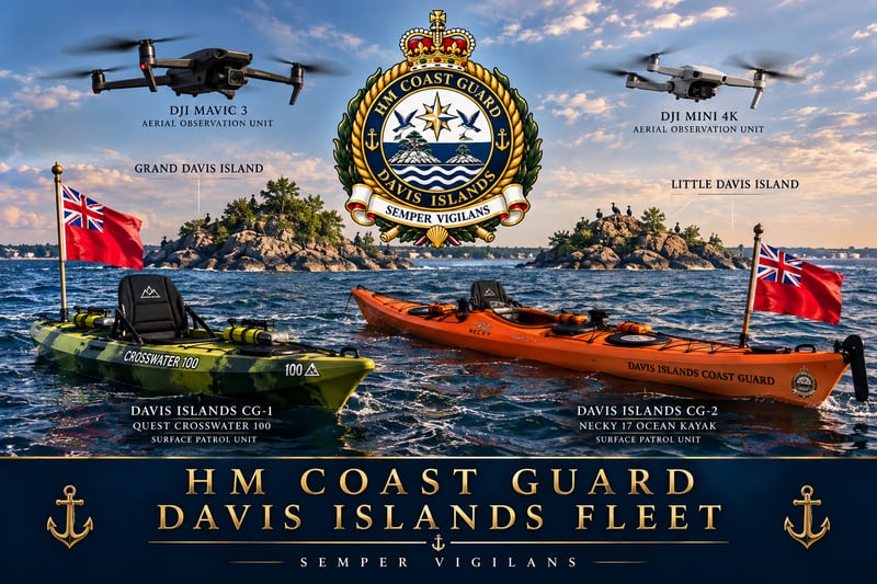 Fleet poster: kayaks CG-1 and CG-2 flying the Red Ensign before Grand and Little Davis Island, with two drones overhead