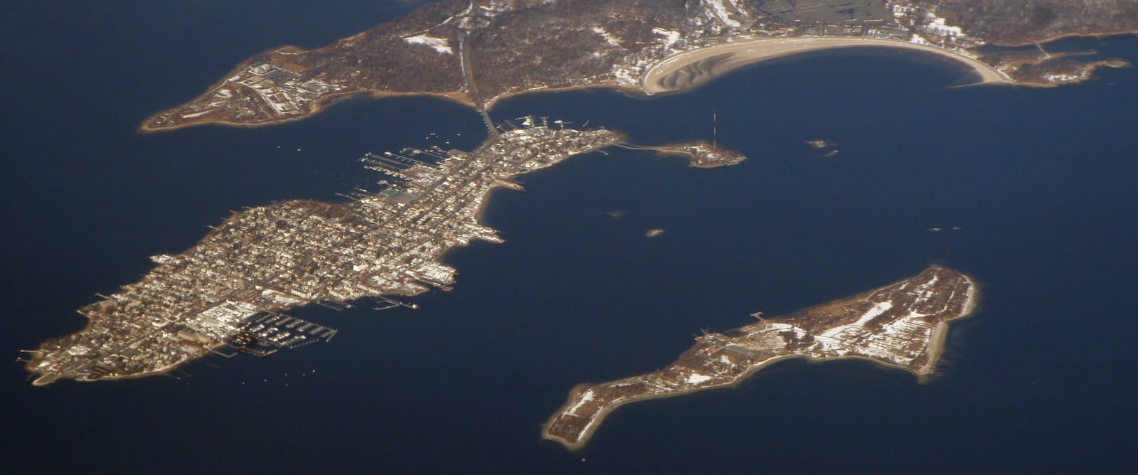 Aerial view of City Island and Hart Island off Orchard Beach and Pelham Bay Park