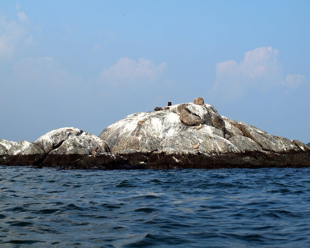 One of the Chimney Sweeps islets: white-streaked granite rising from dark water under a pale sky
