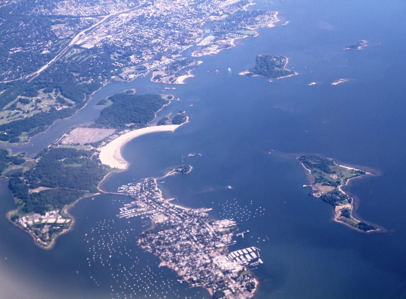 Aerial view of Pelham Bay, City Island and Hart Island in Long Island Sound