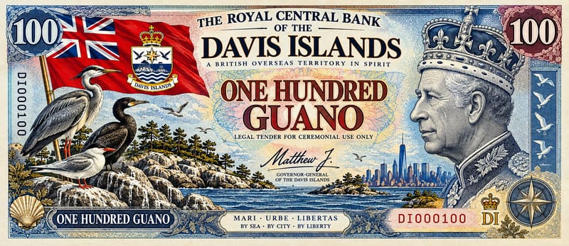 One Hundred Guano ceremonial banknote with the Red Ensign, national birds, the islands and an engraved royal portrait