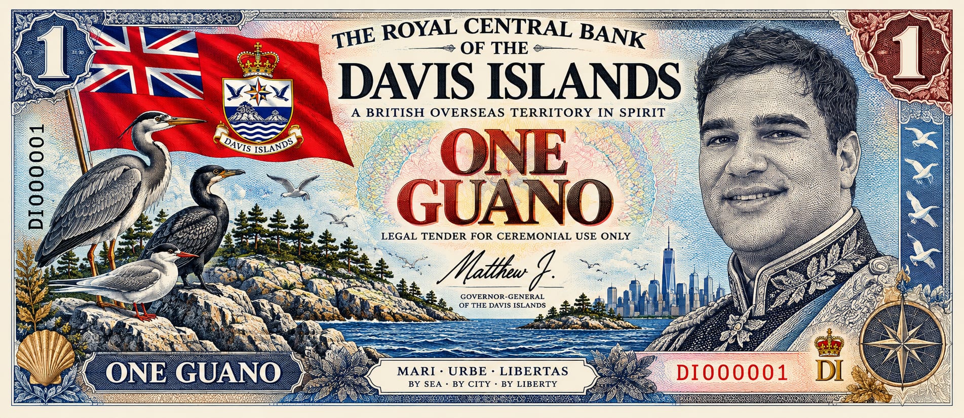 One Guano ceremonial banknote with the Red Ensign, a great blue heron and cormorant on rocky islands, the New York skyline and a portrait of Governor-General Matthew J.