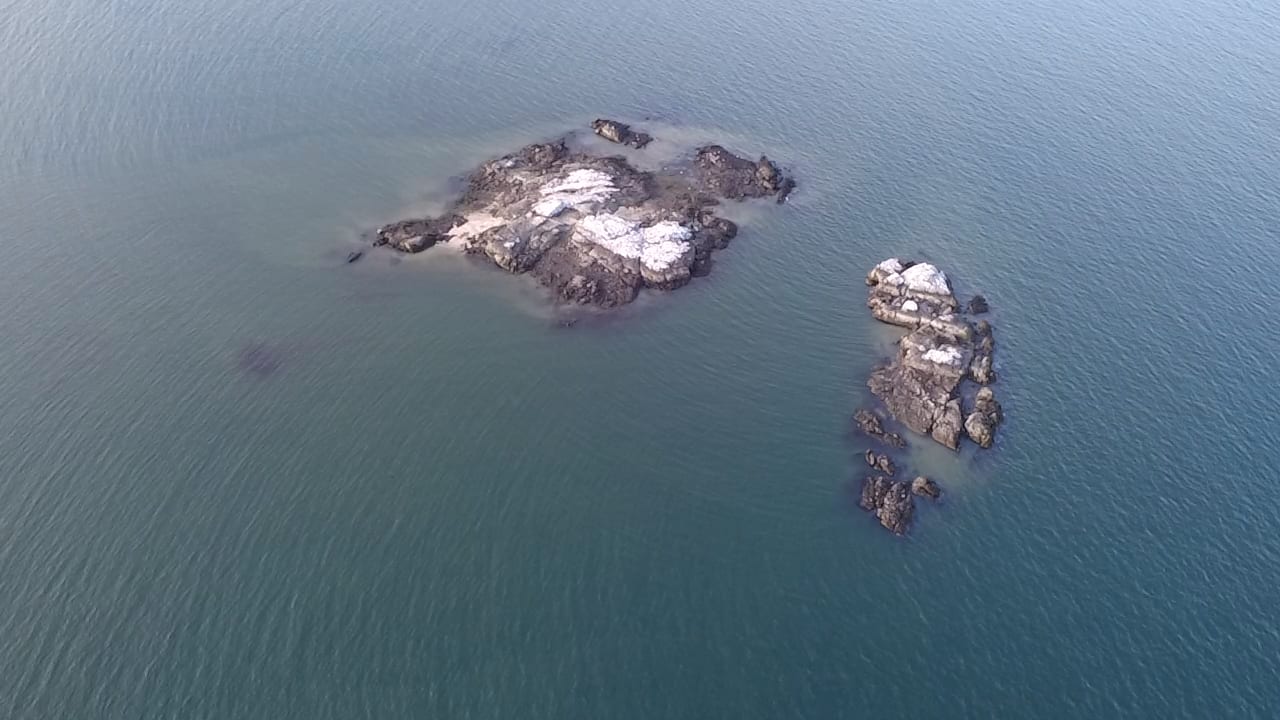 The two rocky islets of the Davis Islands seen from above, surrounded by calm blue-green water